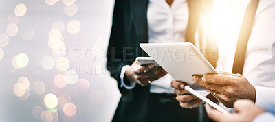 Buy stock photo Hands, tech or double exposure with a team of business people together for communication or networking closeup on space. Teamwork, tablet and phone with a professional employee group in collaboration