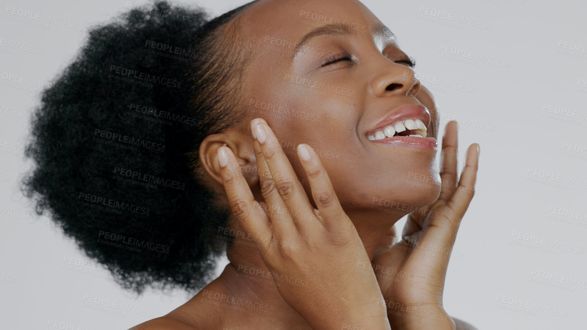 Buy stock photo Happy black woman, face and smile for skincare, natural beauty or cosmetics against a studio background. Closeup of calm African female person or model in relax for spa, facial treatment or soft skin