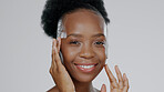 Face touch, skincare and happy black woman in studio isolated on gray background mockup space. Portrait, hands and natural cosmetics of African model in spa facial treatment, wellness or aesthetic