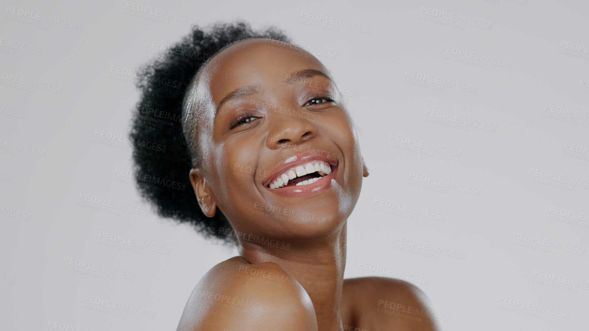 Buy stock photo Black woman, smiling and beauty with glowing skin, face and afro hair for cosmetics, dermatology and natural makeup. Body wellness, moisturised and healthy with clean aesthetic, happiness and fresh