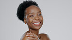 Face, skincare and beauty of happy black woman in studio isolated on a gray background mockup space. Portrait, natural cosmetics and African model in spa facial treatment, wellness and skin health
