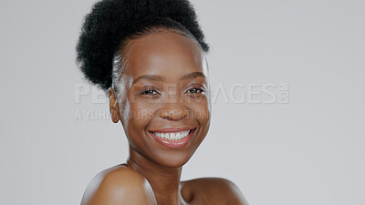 Buy stock photo Face, skincare and beauty of happy black woman in studio isolated on a gray background mockup space. Portrait, natural cosmetics and African model in spa facial treatment, wellness and skin health