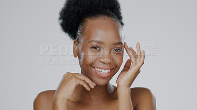 Buy stock photo Face, skincare and hands of happy black woman in studio isolated on a gray background. Portrait, touch and natural beauty cosmetics of model in spa facial treatment for wellness, health or aesthetic