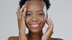 Face touch, skincare and beauty of black woman in studio isolated on gray background for dermatology. Portrait, hands and natural cosmetics of happy model in spa facial treatment, wellness or health