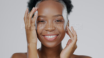 Buy stock photo Face touch, skincare and beauty of black woman in studio isolated on gray background for dermatology. Portrait, hands and natural cosmetics of happy model in spa facial treatment, wellness or health