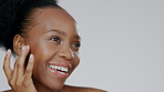 Black woman, face and natural beauty with skincare, facial with cosmetic care and skin glow on white background. Mockup space, dermatology and African model smile, moisturizer and treatment in studio