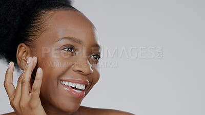 Buy stock photo Black woman, face and natural beauty with skincare, facial with cosmetic care and skin glow on white background. Mockup space, dermatology and African model smile, moisturizer and treatment in studio