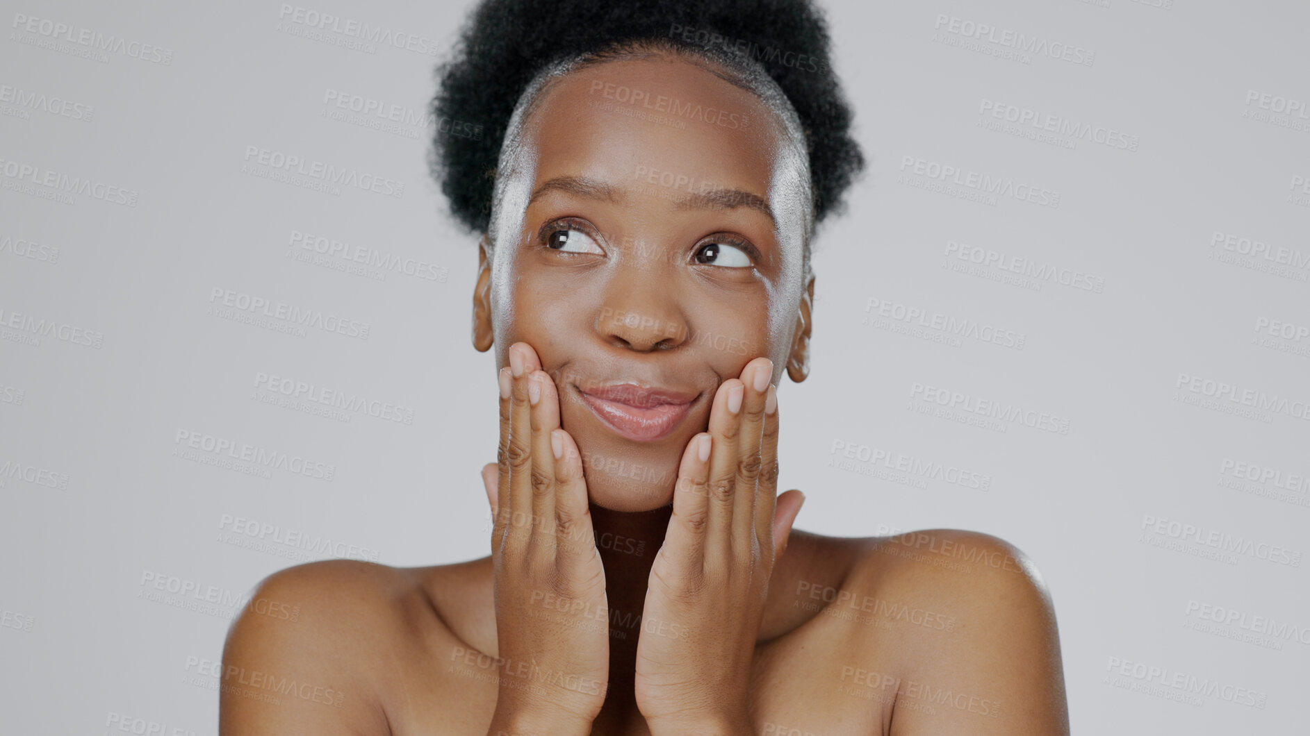 Buy stock photo Woman, hands and smile for skincare with cosmetic, natural and makeup for beauty, self care and facial. Black model, young and happy with dermatology for beautiful aesthetic in grey studio mockup