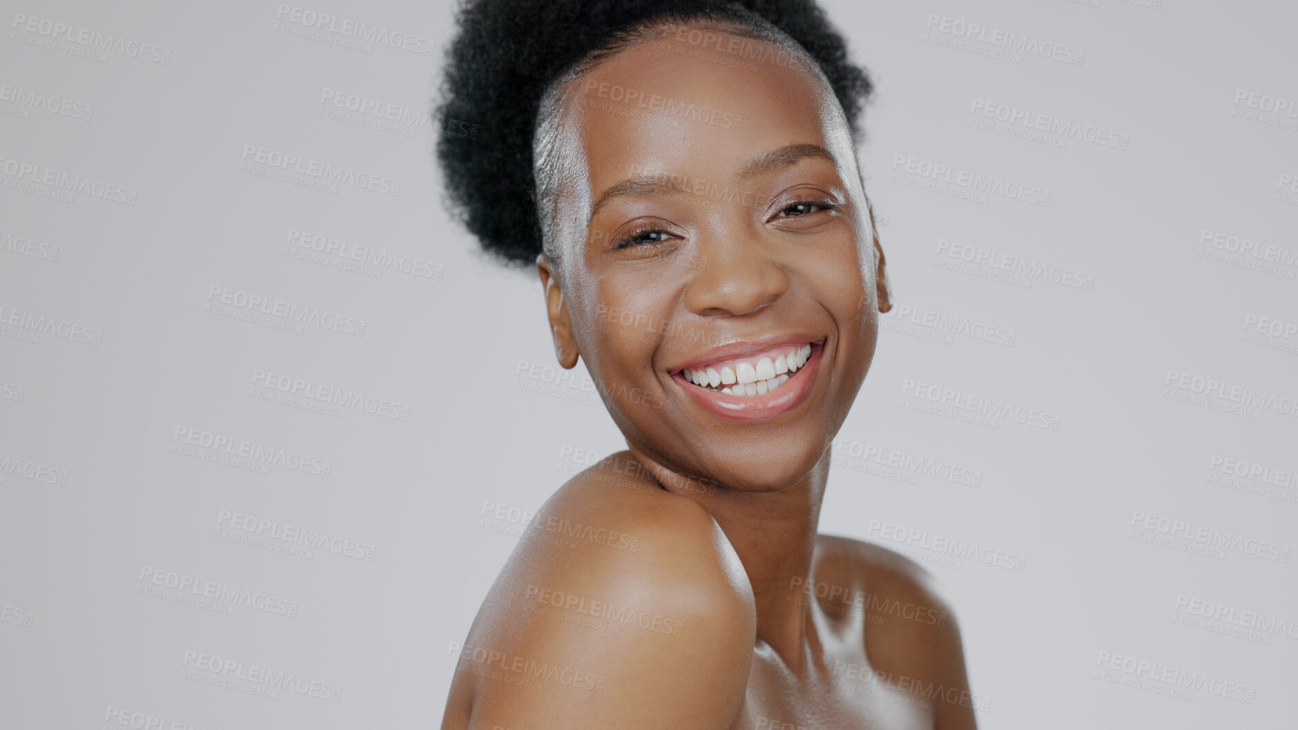 Buy stock photo Portrait, beauty and smile with a happy black woman in studio on a gray background for natural wellness. Face, skincare and cosmetics with a happy young model closeup on space for luxury aesthetic