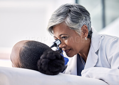 Buy stock photo Ear, test and doctor check patient with hearing problem from infection and in consultation for healthcare. Otolaryngology, medical and professional audiology specialist doing exam with otoscope