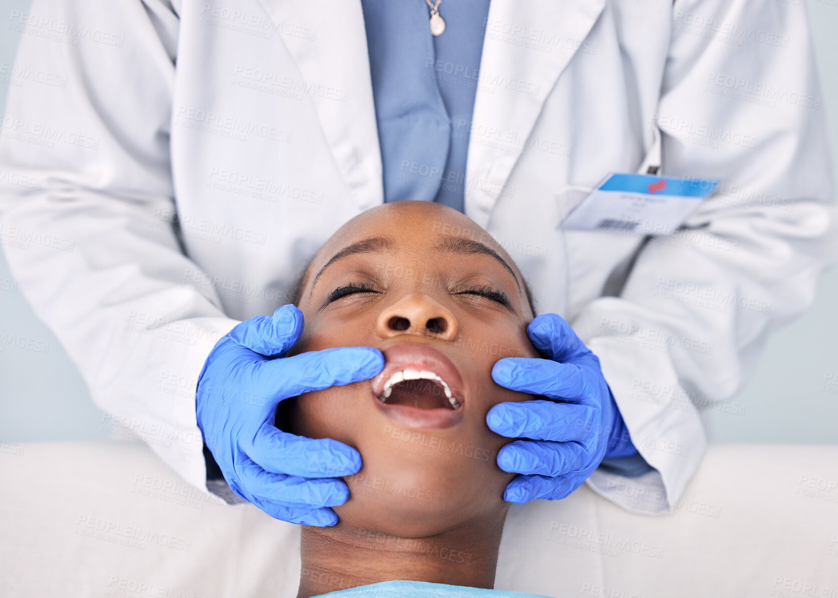 Buy stock photo Dentist check teeth, patient and people at clinic, consultation and mouth with dental health and medical treatment. Oral hygiene, healthcare and surgery, orthodontics and tooth decay with hands