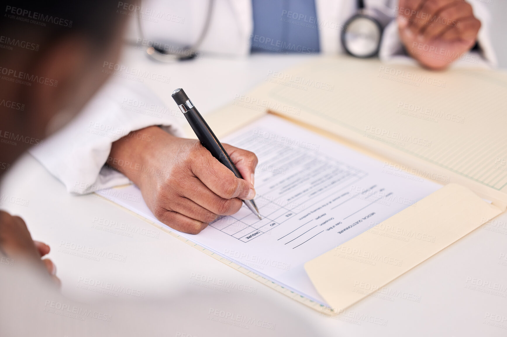 Buy stock photo Doctor, patient and hands writing on documents for prescription, diagnosis or results on table at hospital. Closeup of medical worker filling healthcare paperwork, life insurance or policy at clinic