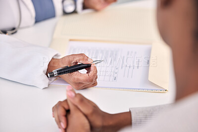 Buy stock photo Doctor, patient and hands writing prescription, diagnosis or checking results on table at hospital. Closeup of medical professional filling healthcare paperwork for life insurance or policy at clinic