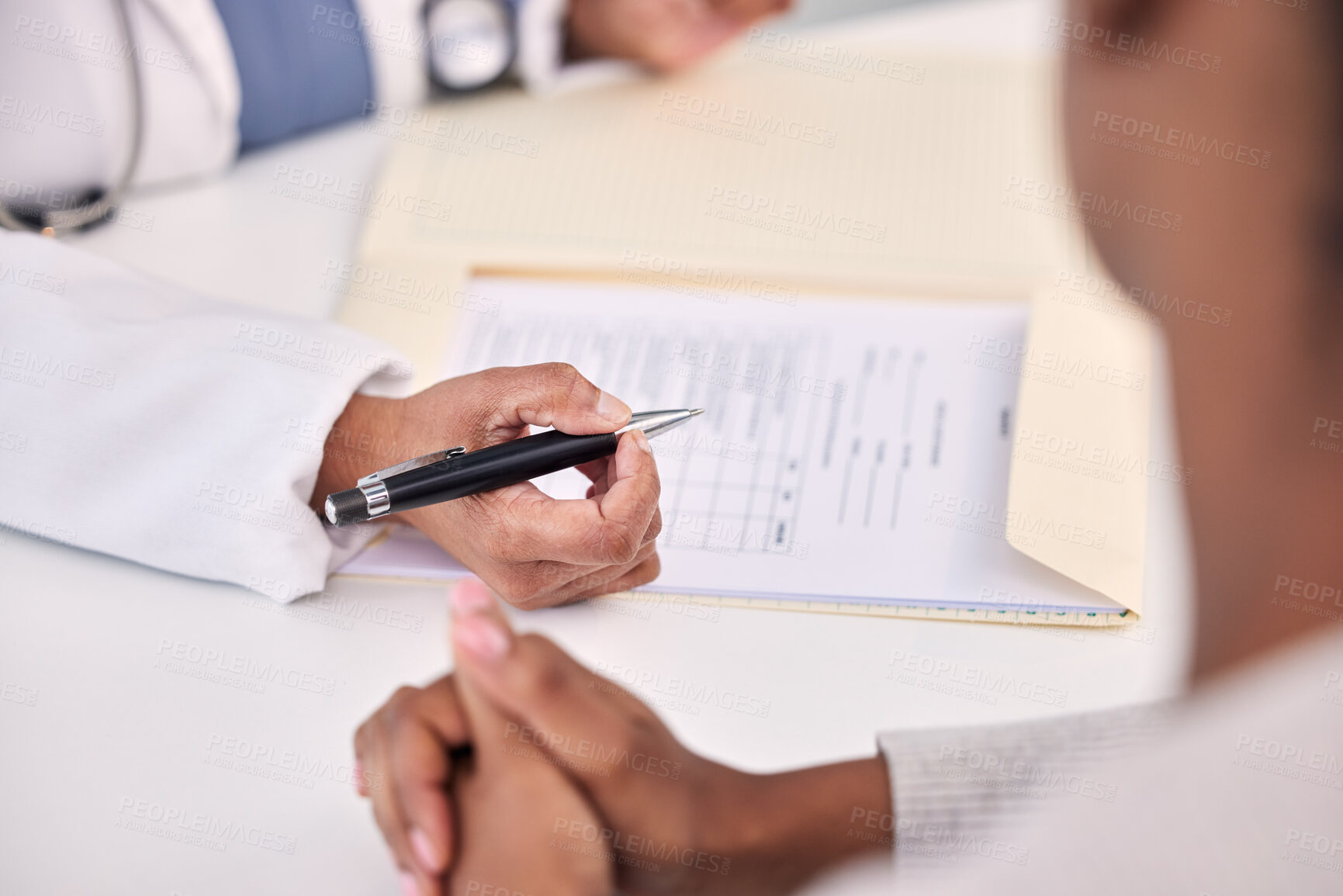 Buy stock photo Doctor, patient and hands writing prescription, diagnosis or checking results on table at hospital. Closeup of medical professional filling healthcare paperwork for life insurance or policy at clinic