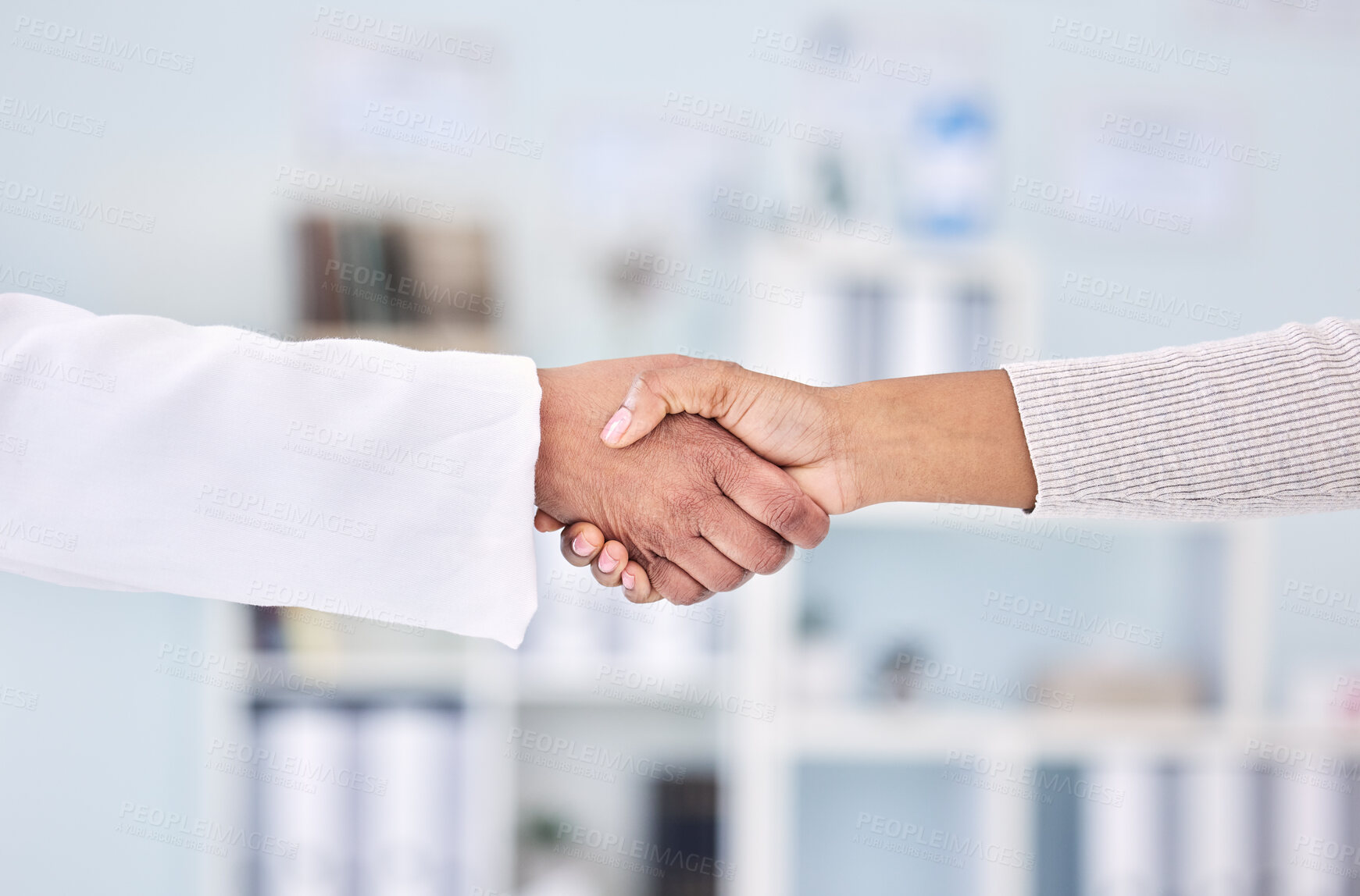 Buy stock photo Doctor, people and handshake in partnership, meeting or deal for healthcare agreement at hospital. Closeup of medical worker shaking hands with patient in thank you, welcome or introduction at clinic