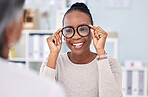 Eye care, glasses choice and black woman with optometrist at clinic, vision and healthcare with wellness. Prescription lens, frame with help or advice, designer eyewear or spectacles with smile