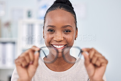 Buy stock photo Eye care, glasses and black woman at clinic, vision and healthcare with wellness and happy with choice. Prescription lens, frame with help in portrait, designer eyewear or spectacles with smile