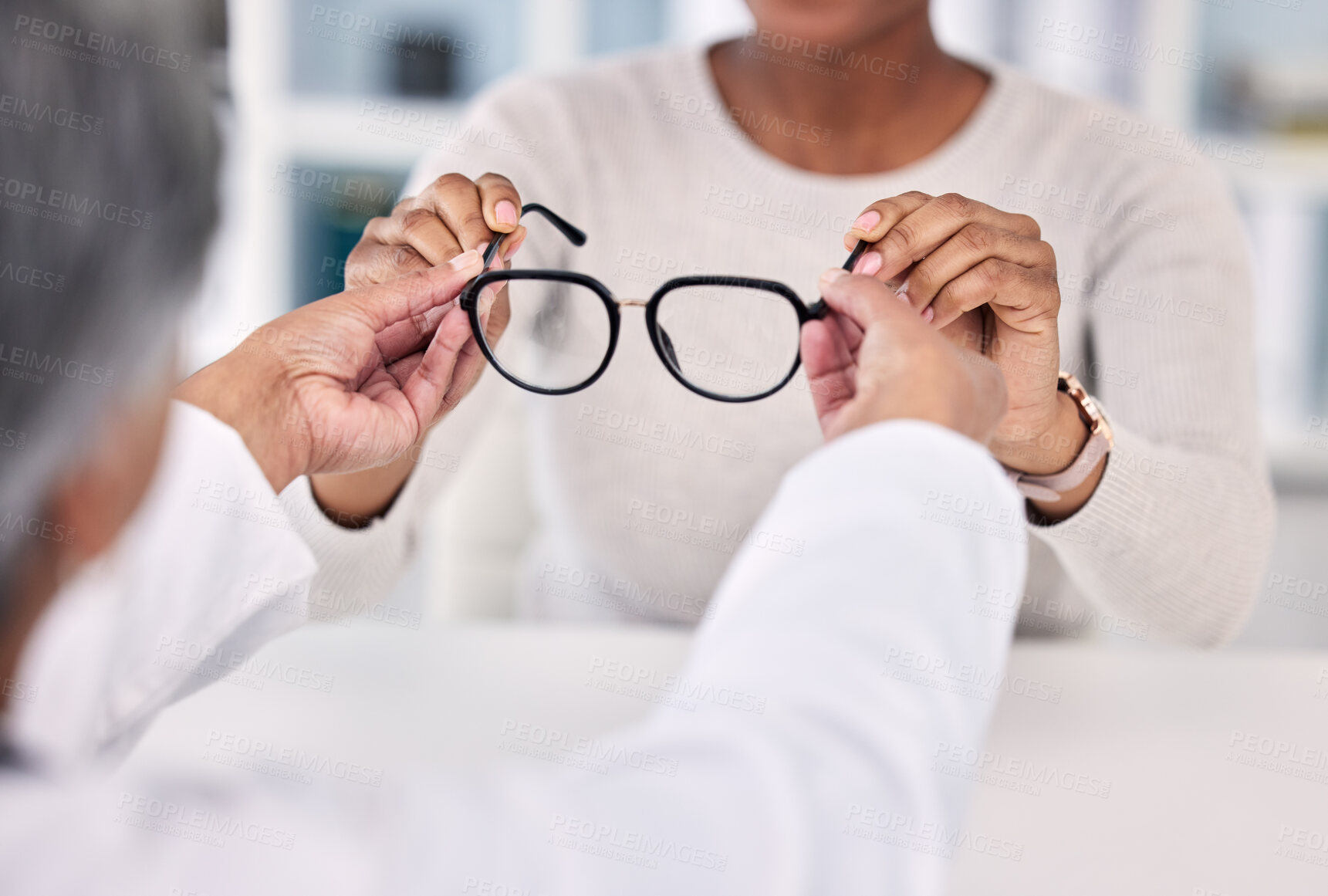 Buy stock photo Optometry, glasses and optician with person in store for eyesight, vision wellness and medical service. Ophthalmology, healthcare and people with frame, prescription lens and spectacles for eye care