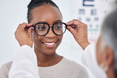 Buy stock photo Eye care, test for glasses and black woman with optometrist, face with choice and vision with healthcare. Prescription lens, frame with help or advice, designer eyewear or spectacles with smile