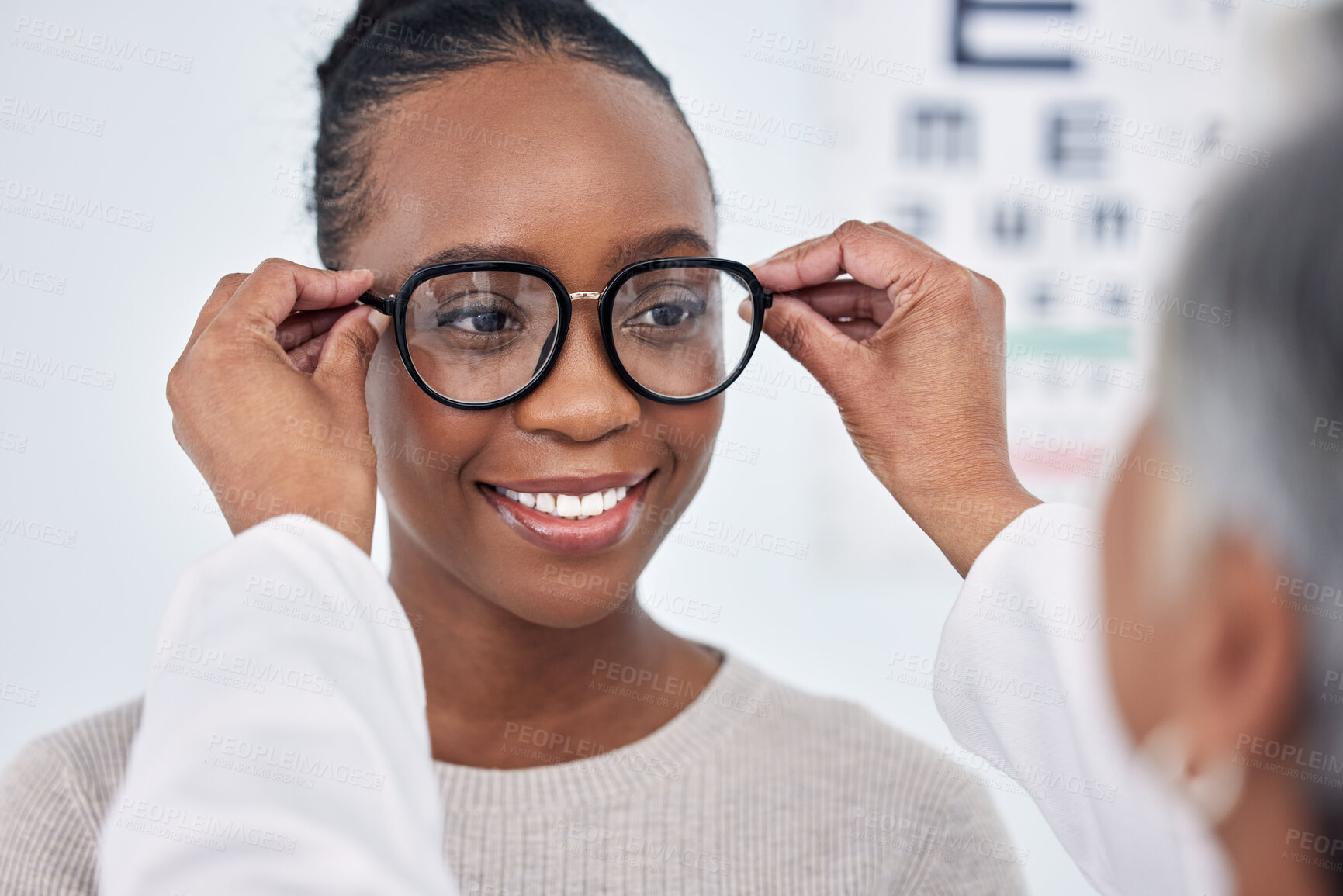 Buy stock photo Eye care, test for glasses and black woman with optometrist, face with choice and vision with healthcare. Prescription lens, frame with help or advice, designer eyewear or spectacles with smile