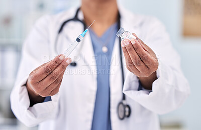 Buy stock photo Hands, doctor with needle and vaccine bottle for healthcare, safety from virus and medicine in hospital. Pharmaceutical drugs, person has container and syringe for immunity with health and wellness 