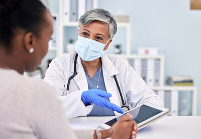 Buy stock photo Senior woman, doctor and tablet for consultation, checkup or diagnosis with mask and patient at hospital. Mature female person, medical nurse or surgeon consulting customer with technology at clinic