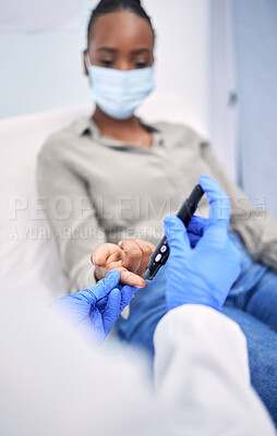 Buy stock photo Hospital, diabetes pen and woman with doctor for glucose test, sugar level and high blood pressure. Healthcare, monitor and patient with health worker for hypertension, wellness and consultation