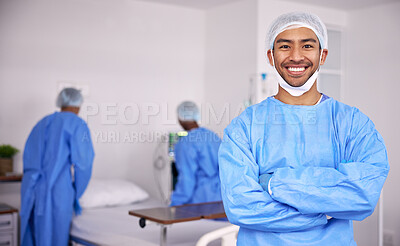 Buy stock photo Happy asian man, doctor and arms crossed of professional in ICU with medical team for healthcare service at hospital. Portrait of male person, surgeon or nurse smile in confidence or health at clinic