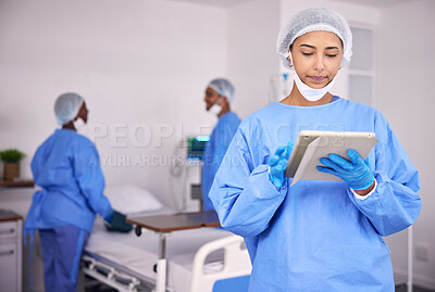 Buy stock photo Woman, doctor and tablet in research at hospital for communication, Telehealth or networking at hospital. Female person, medical nurse or professional surgeon with technology for schedule at clinic