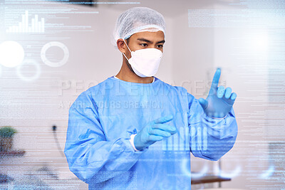Buy stock photo Connection, overlay and futuristic doctor press digital medical data for medicine research in hospital or clinic. Technology, information and professional working on internet or online for healthcare