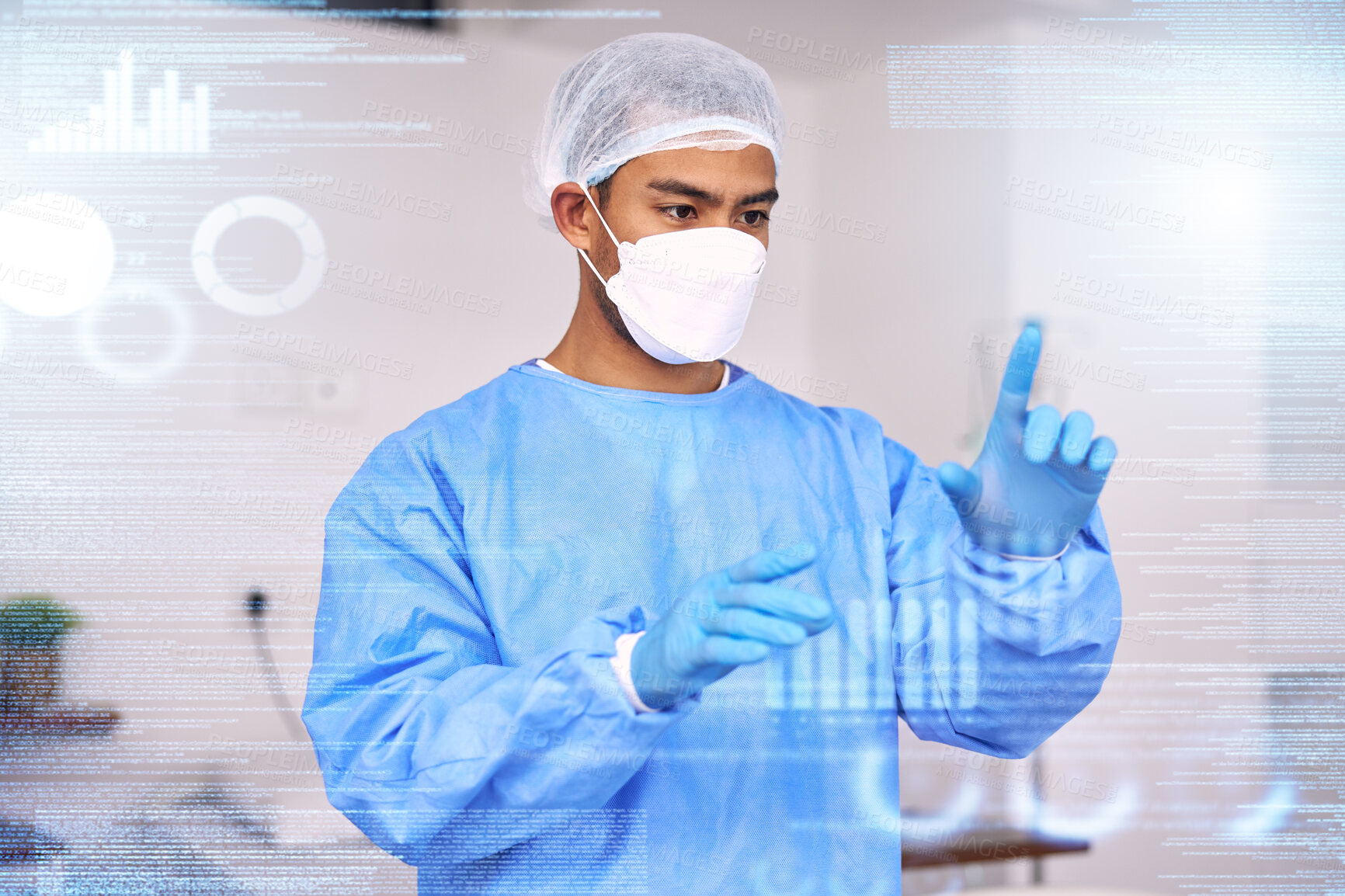Buy stock photo Connection, overlay and futuristic doctor press digital medical data for medicine research in hospital or clinic. Technology, information and professional working on internet or online for healthcare