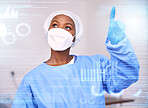 Surgeon, overlay and futuristic doctor press digital medical data for medicine research in a hospital or clinic. Technology, information and professional working on internet or online for healthcare