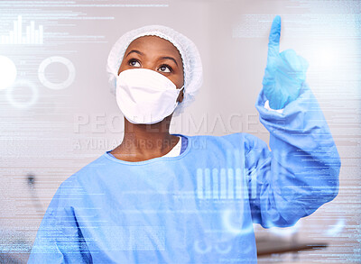 Buy stock photo Surgeon, hologram and futuristic doctor press digital medical data for medicine research in a hospital or clinic. Technology, information and professional working on internet or online for healthcare