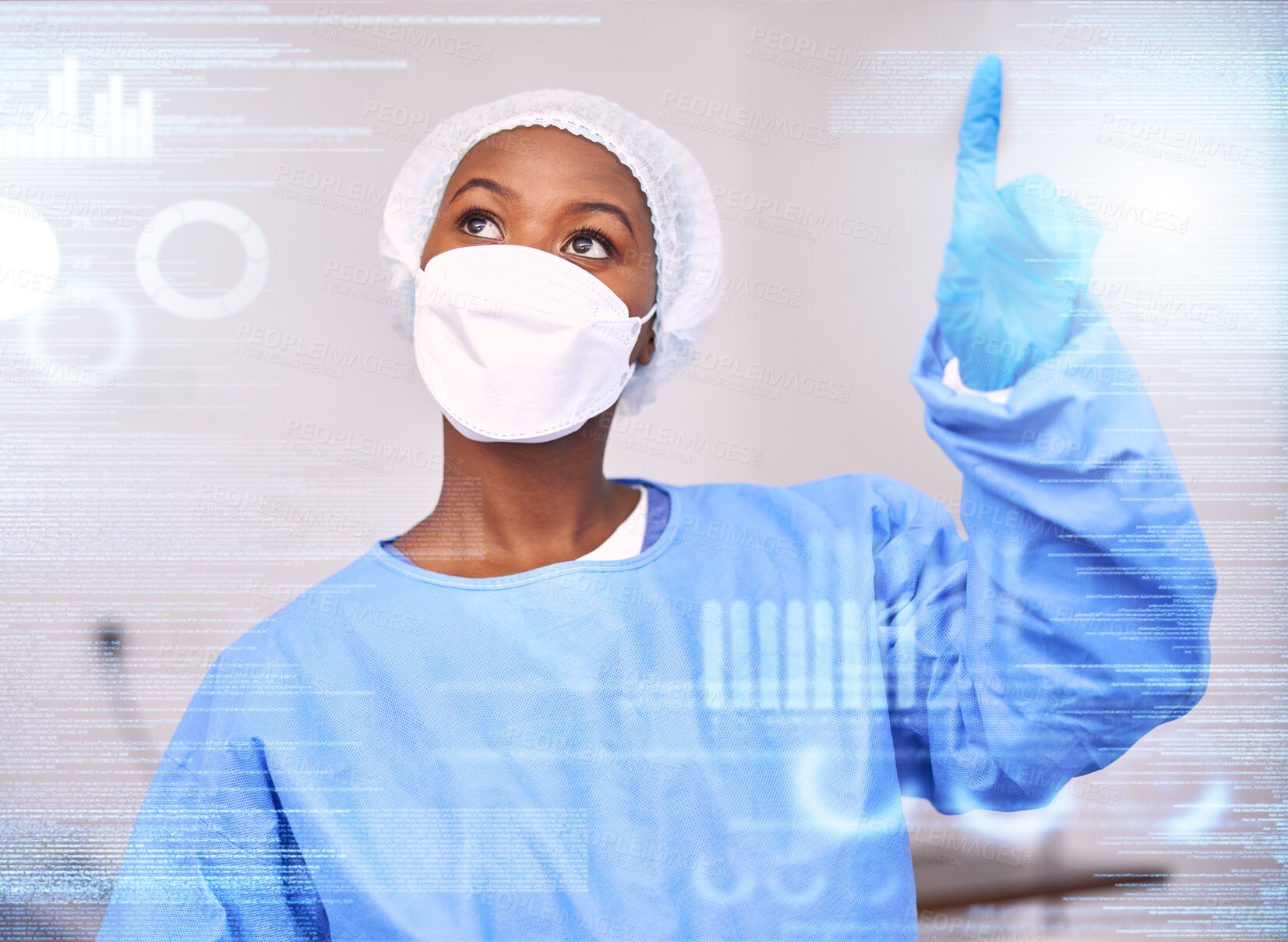 Buy stock photo Surgeon, hologram and futuristic doctor press digital medical data for medicine research in a hospital or clinic. Technology, information and professional working on internet or online for healthcare