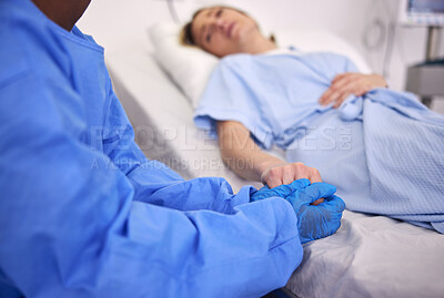Buy stock photo Woman, hospital bed or patient with hand holding, medical and health issue with doctor, sick or virus for support, care and help. Conversation, diagnosis and medicine with healthcare, scared or trust