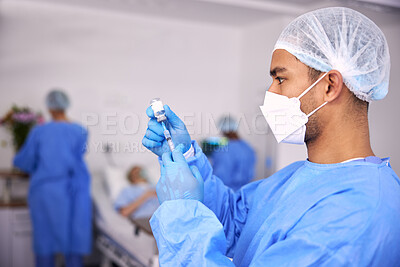 Buy stock photo Man, doctor and syringe for vaccine, injection or cure in healthcare with face mask at hospital. Male person, medical nurse or surgeon with needle and vial for flu shot, vaccination or antibiotic