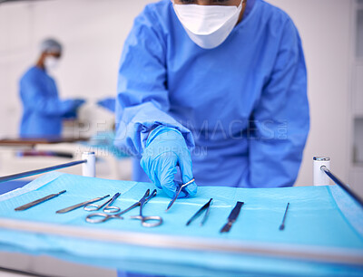 Buy stock photo Nurse, surgery and prepare tools in operation, medical equipment and scissors for procedure. Surgeon, hospital and scrubs for protection, medical service and surgical tools in theatre for emergency