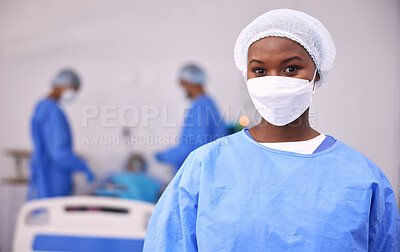Buy stock photo Portrait, woman and surgeon in operating room, hospital and surgery for medical emergency. Healthcare, african doctor and clinic expert in face mask, scrubs and ppe for working in operation theatre 