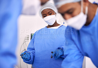 Buy stock photo Transplant, surgery and doctors team doing emergency operation for organ treatment or healing anatomy in hospital. Rescue, medical and professional surgeon or healthcare teamwork collaboration