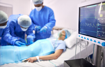 Buy stock photo Monitor, surgery and doctors team doing emergency operation for organ treatment or healing anatomy in hospital. Heart rate, medical and professional surgeon or healthcare teamwork collaboration