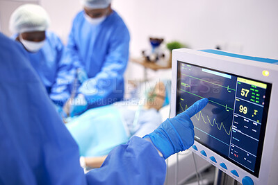 Buy stock photo Monitor, surgery and doctors team doing heart operation for emergency organ treatment or healing anatomy in hospital. Rescue, medical and professional surgeon or healthcare teamwork collaboration