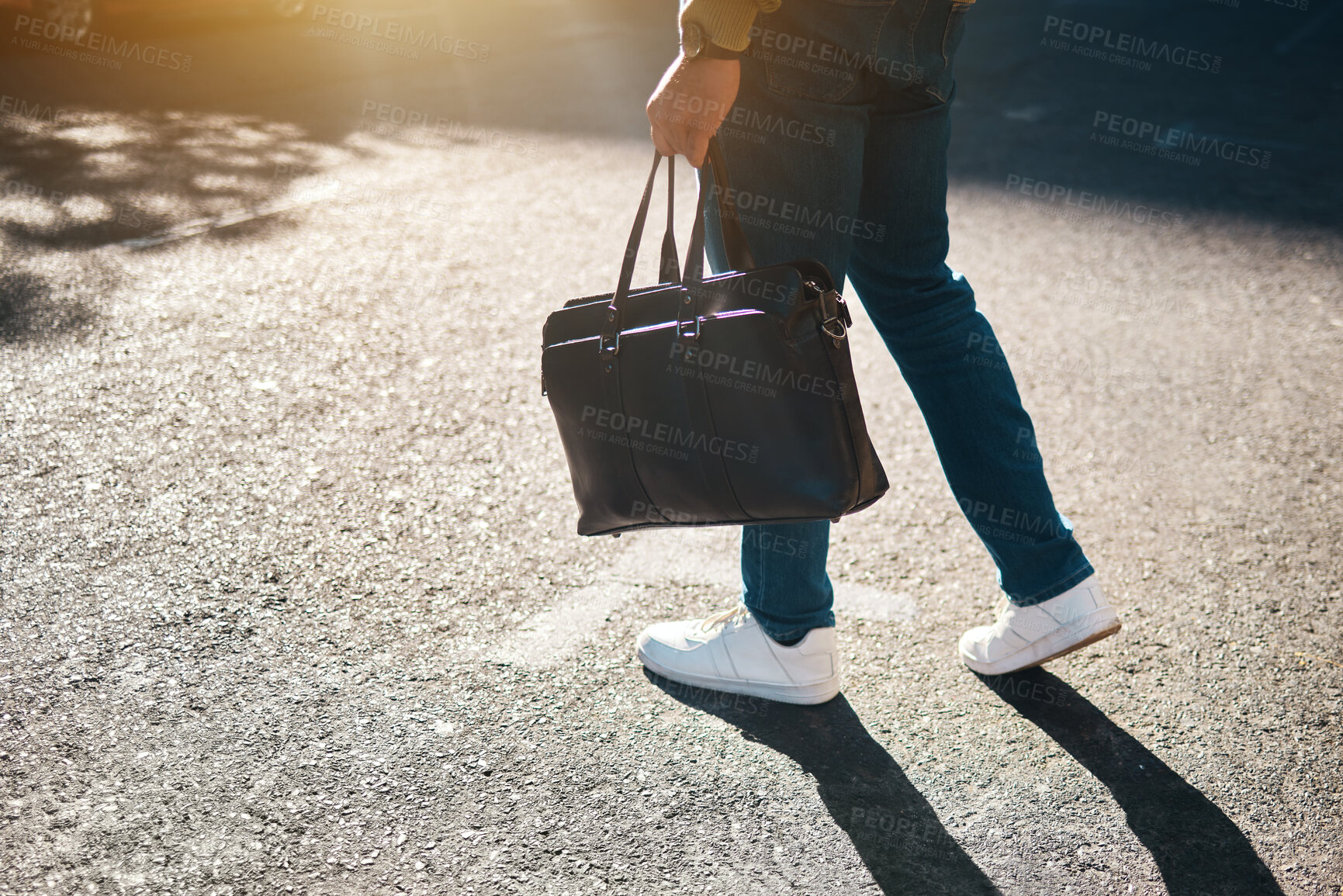 Buy stock photo Man, road and walking to work, legs and laptop bag for commute, casual and crossing. Morning, feet and travelling to office, employee and professional on city road, outdoor and startup entrepreneur 