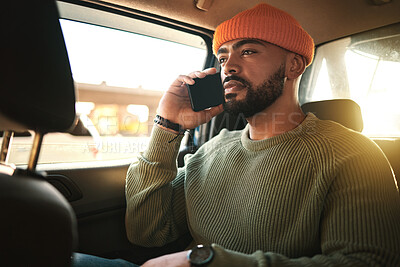 Buy stock photo Man, smartphone in car and phone call, travel and transportation, navigation app and communication. Conversation, virtual and chat in taxi cab with technology, location or direction with contact