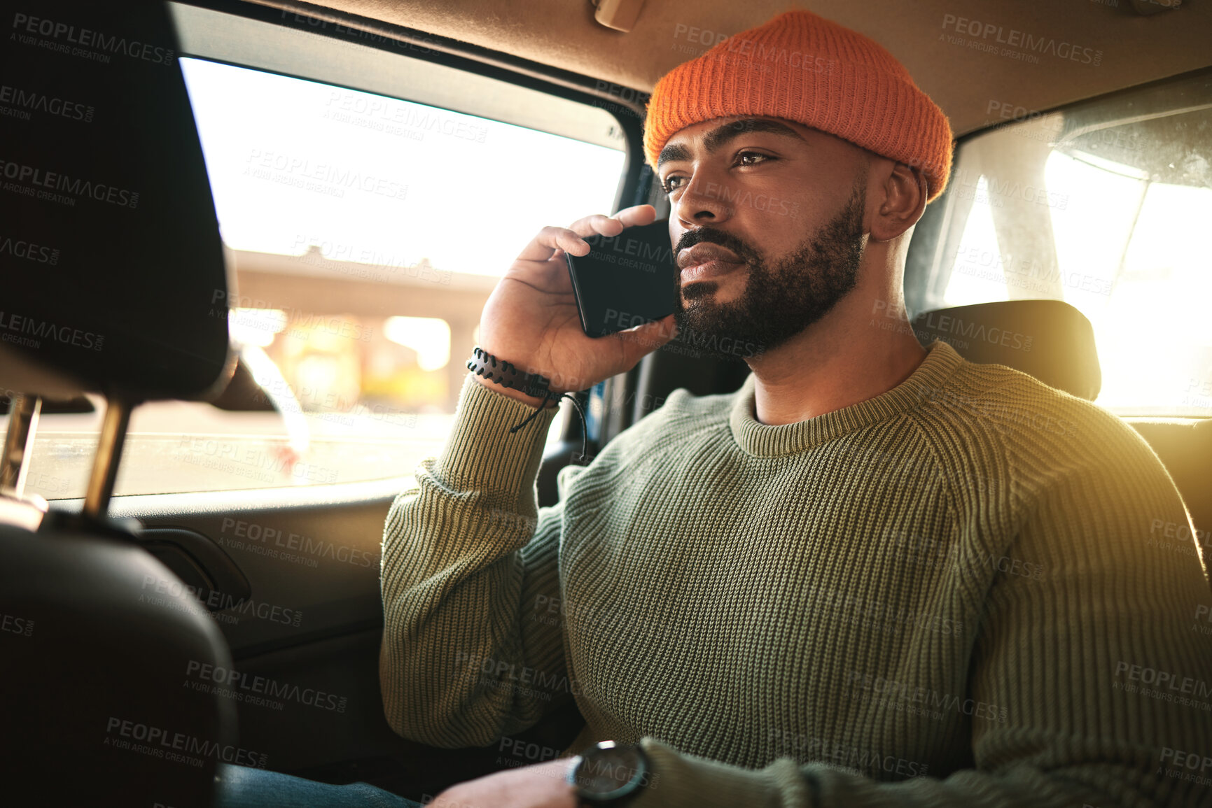 Buy stock photo Man, smartphone in car and phone call, travel and transportation, navigation app and communication. Conversation, virtual and chat in taxi cab with technology, location or direction with contact