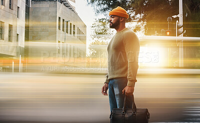 Buy stock photo Person, motion blur and car traffic on street, urban city and walk to college, transportation and asphalt. Man, cbd and office building on sidewalk, pollution and fashion in travel or commute on road