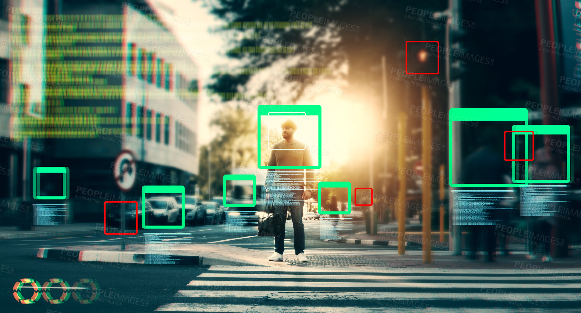 Buy stock photo Face recognition, man in street and identity with biometric, surveillance and code for technology innovation in city. Network, security and future, ai overlay with info and frame, privacy and UI