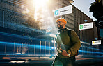 Augmented reality, connection and student walking in city with hologram for futuristic internet travel in outdoor town. Digital, digital and man commute in metaverse location with online technology