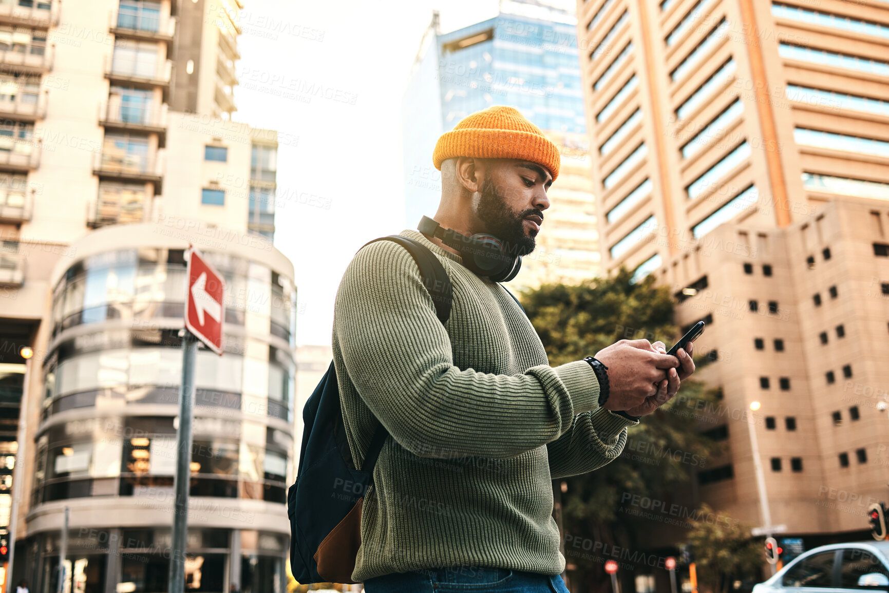 Buy stock photo City, phone and man typing, walking and check email, mobile communication or app notification on morning journey. Smartphone, connectivity and person contact social media user on street, road or trip