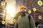 Travel, hologram or overlay and man walking in a city as a tourist with an icon interface to highlight a hotspot. Metaverse map, direction or navigation with a young person in an urban town location
