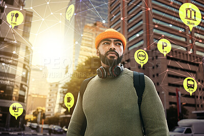 Buy stock photo Travel, hologram or overlay and man walking in a city as a tourist with an icon interface to highlight a hotspot. Hologram map, direction or navigation with a young person in an urban town location